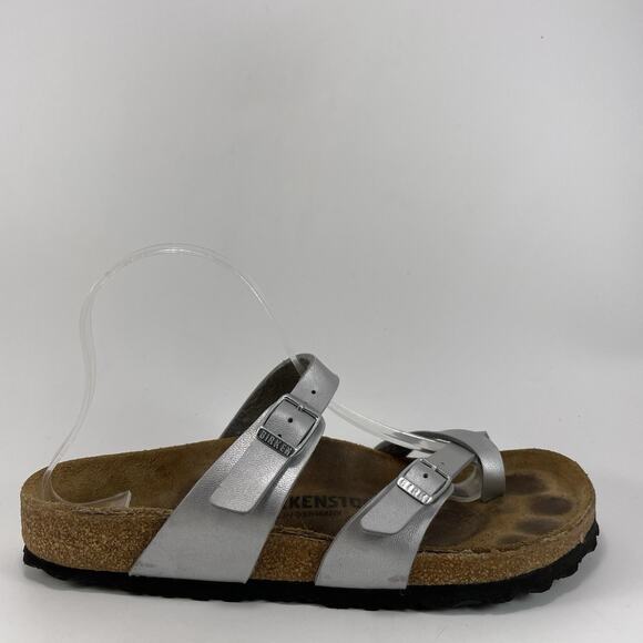 Birkenstock Mayari Sandals Womens Size 39/ 8-8.5 Silver Toe Loop Slides Birkibuc - Picture 1 of 9